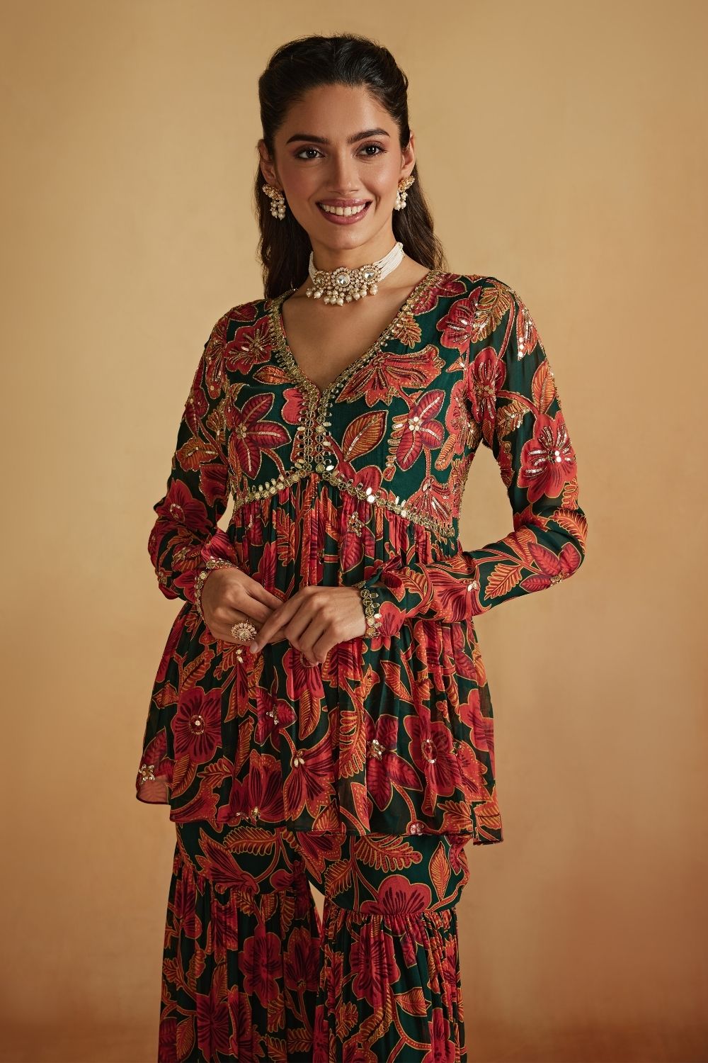 Green Floral Printed Peplum And Sharara Set