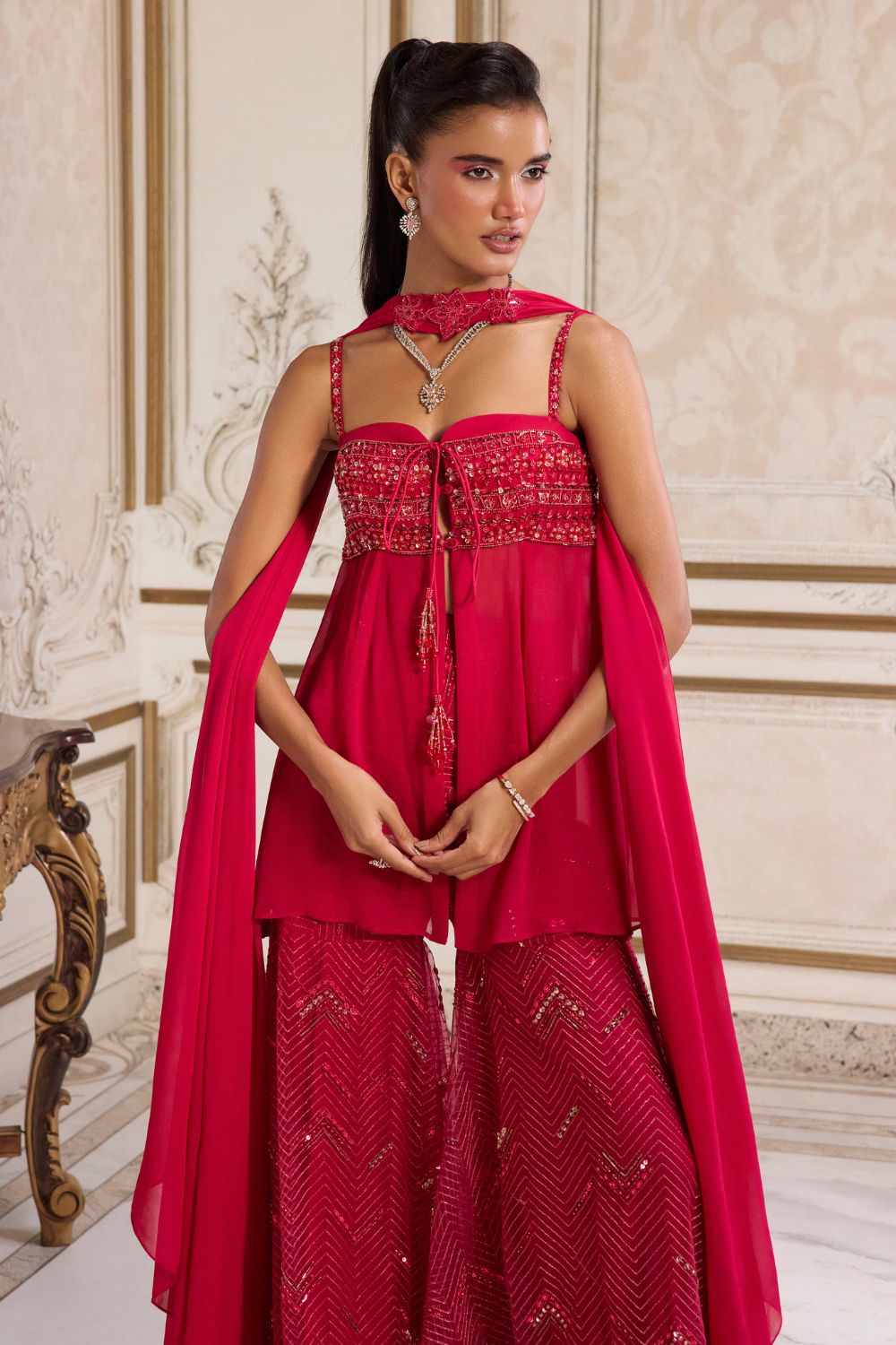 Magenta Flowy Peplum With Sharara Set - MARKET