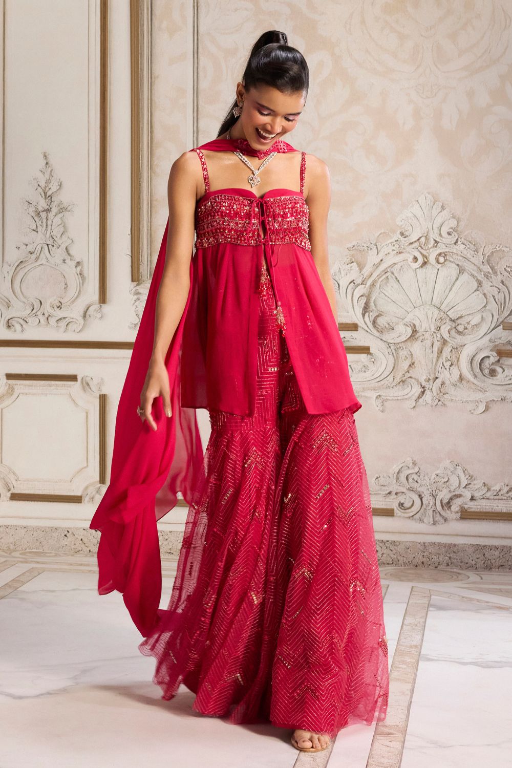 Magenta Flowy Peplum With Sharara Set - MARKET