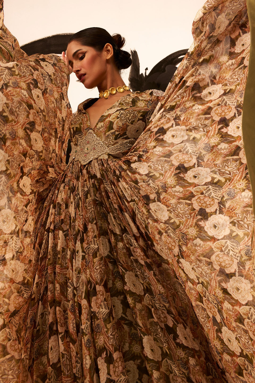 Abstract Floral Belted Anarkali - MARKET