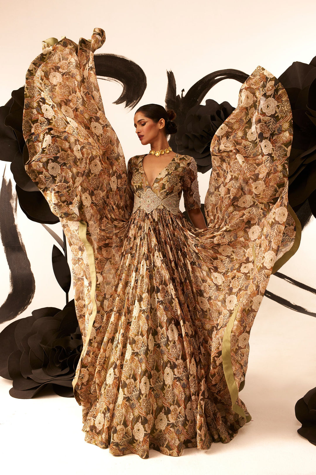 Abstract Floral Belted Anarkali - MARKET