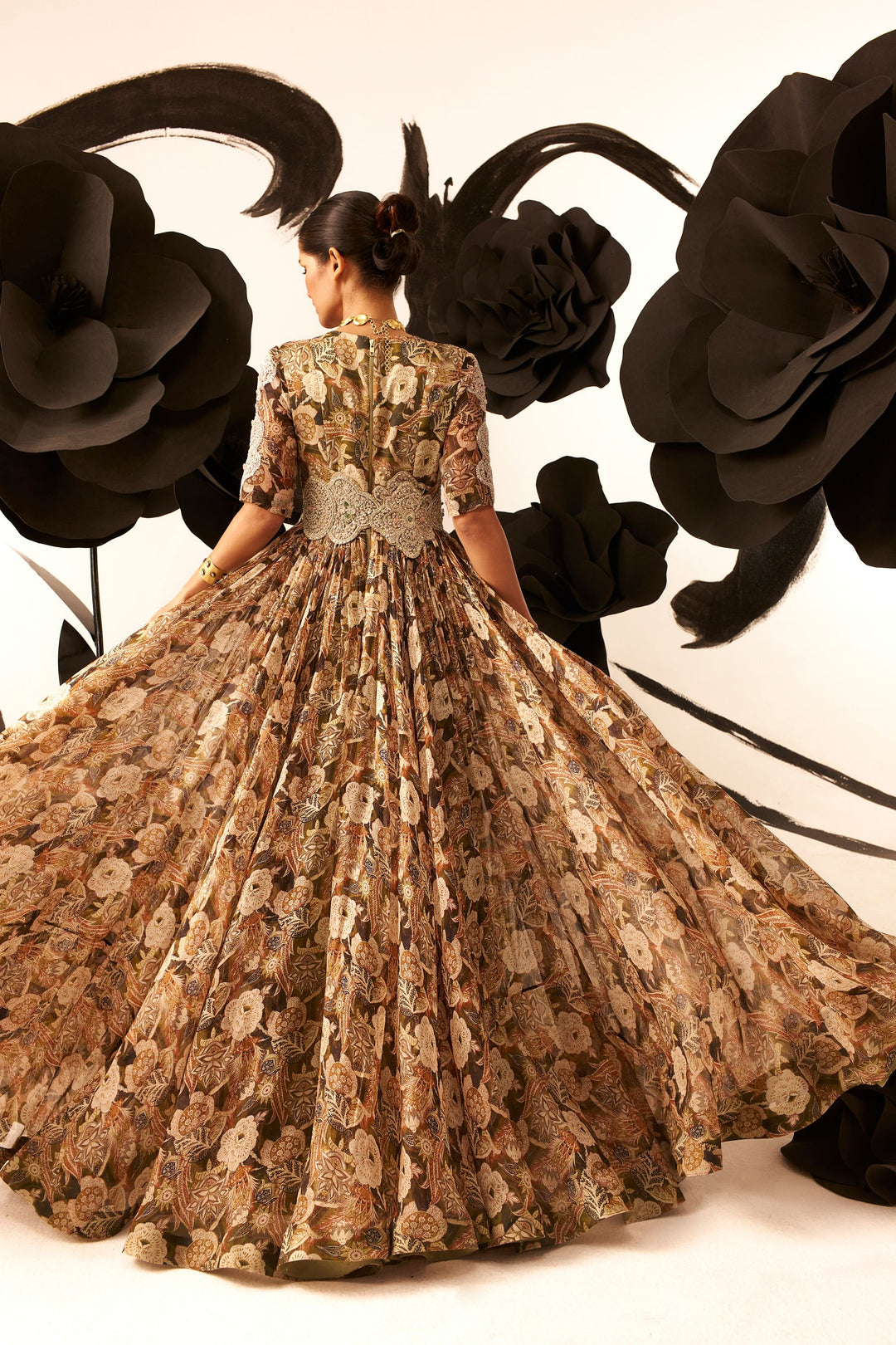 Abstract Floral Belted Anarkali - MARKET