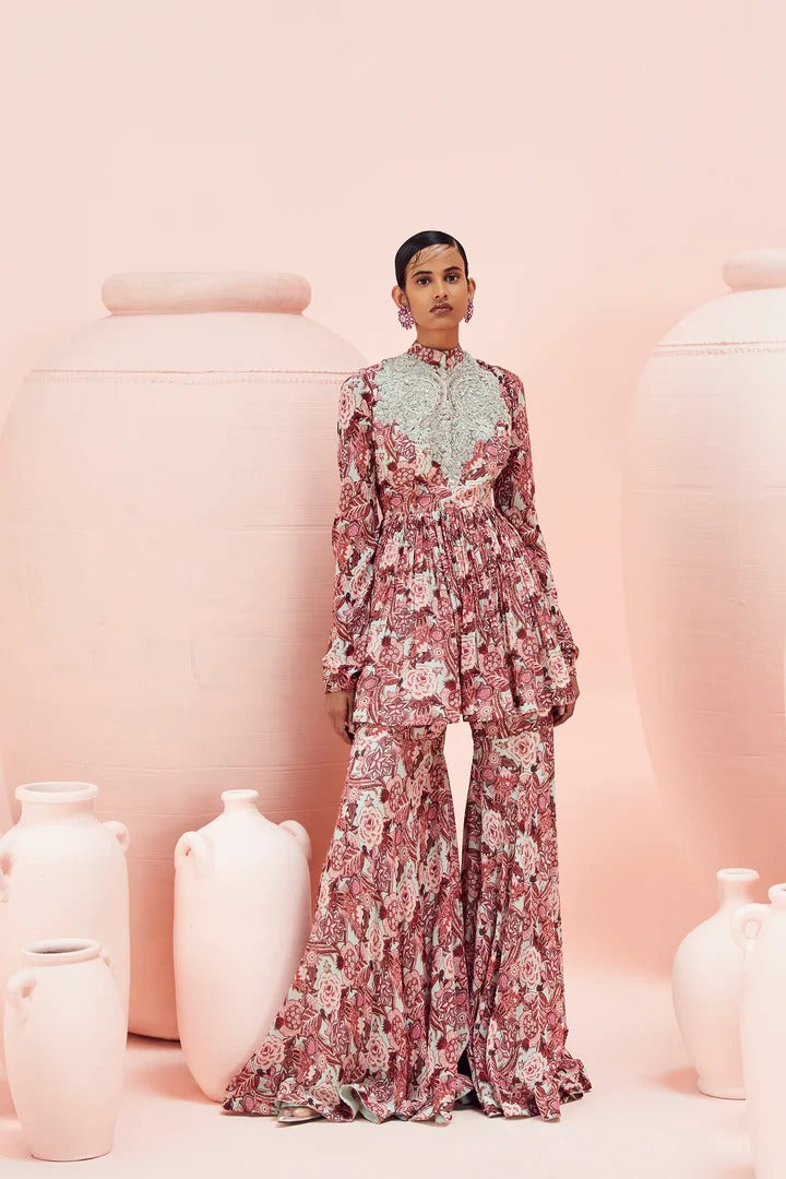 Blush Abstract Floral Peplum & Gharara Set - MARKET
