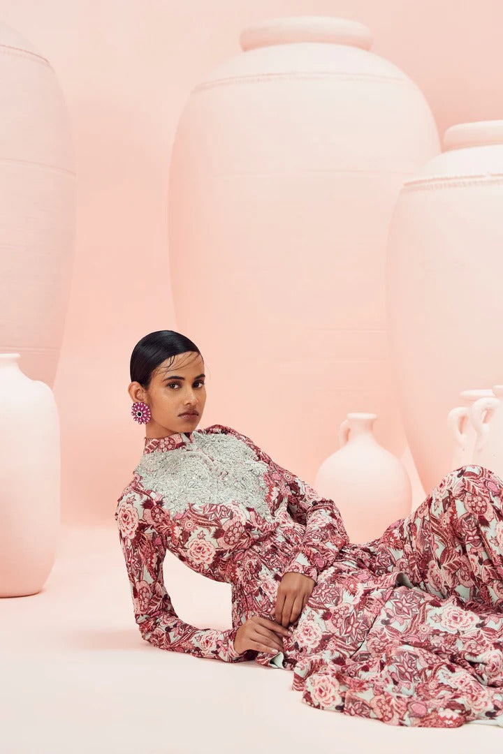 Blush Abstract Floral Peplum & Gharara Set - MARKET