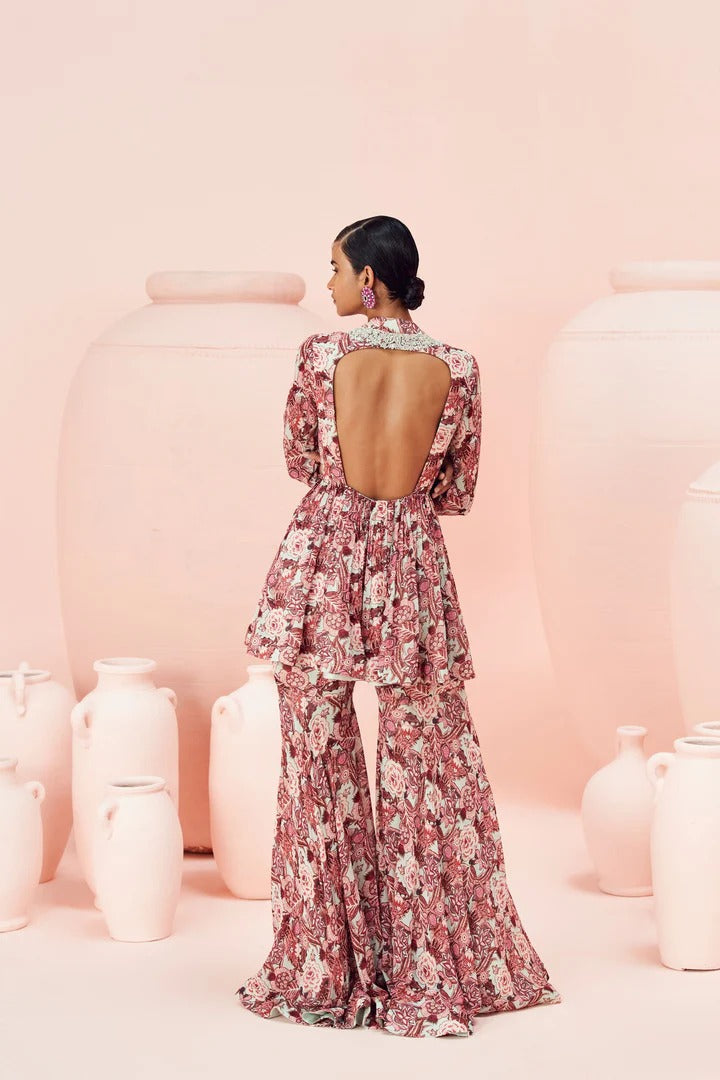 Blush Abstract Floral Peplum & Gharara Set - MARKET