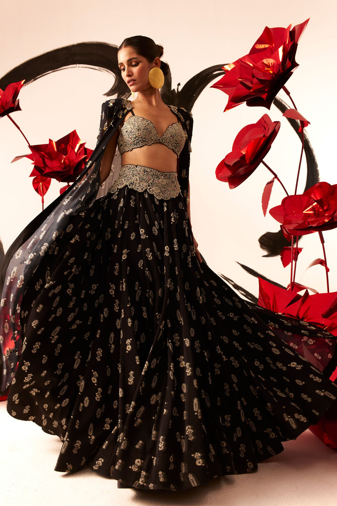 Black Floret Lehenga & Cape Set - MARKET