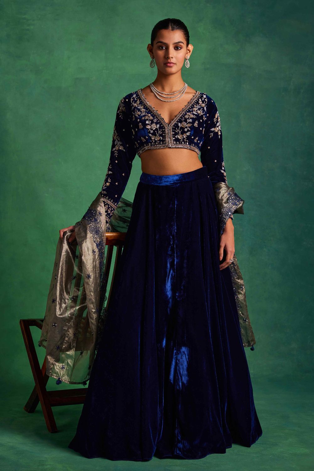 Blue Velvet Lehenga and Blouse Set - MARKET
