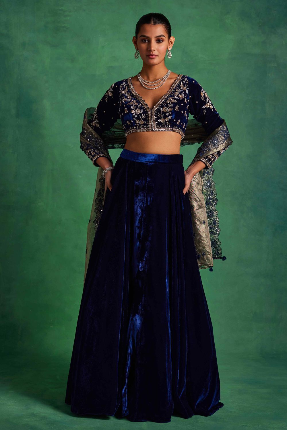 Blue Velvet Lehenga and Blouse Set - MARKET