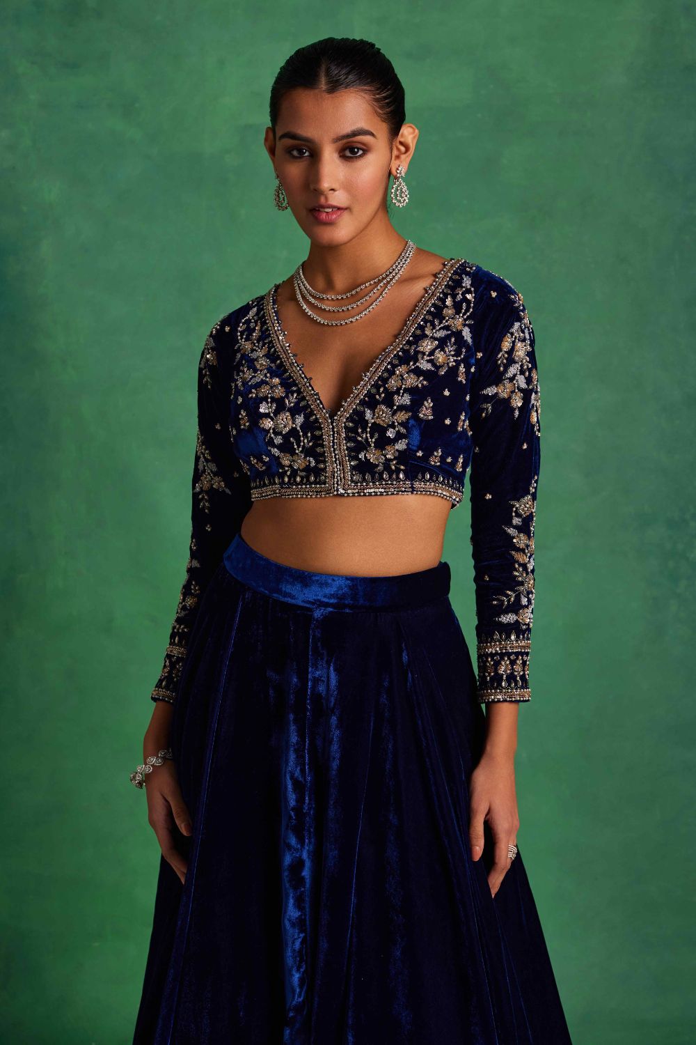 Blue Velvet Lehenga and Blouse Set - MARKET