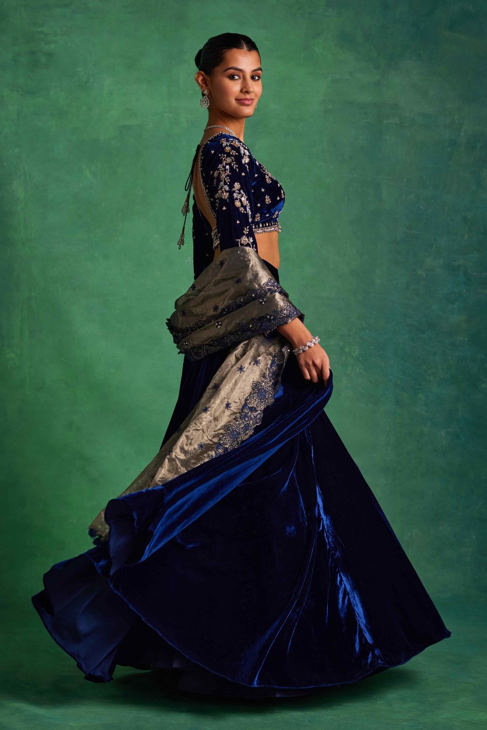 Blue Velvet Lehenga and Blouse Set - MARKET