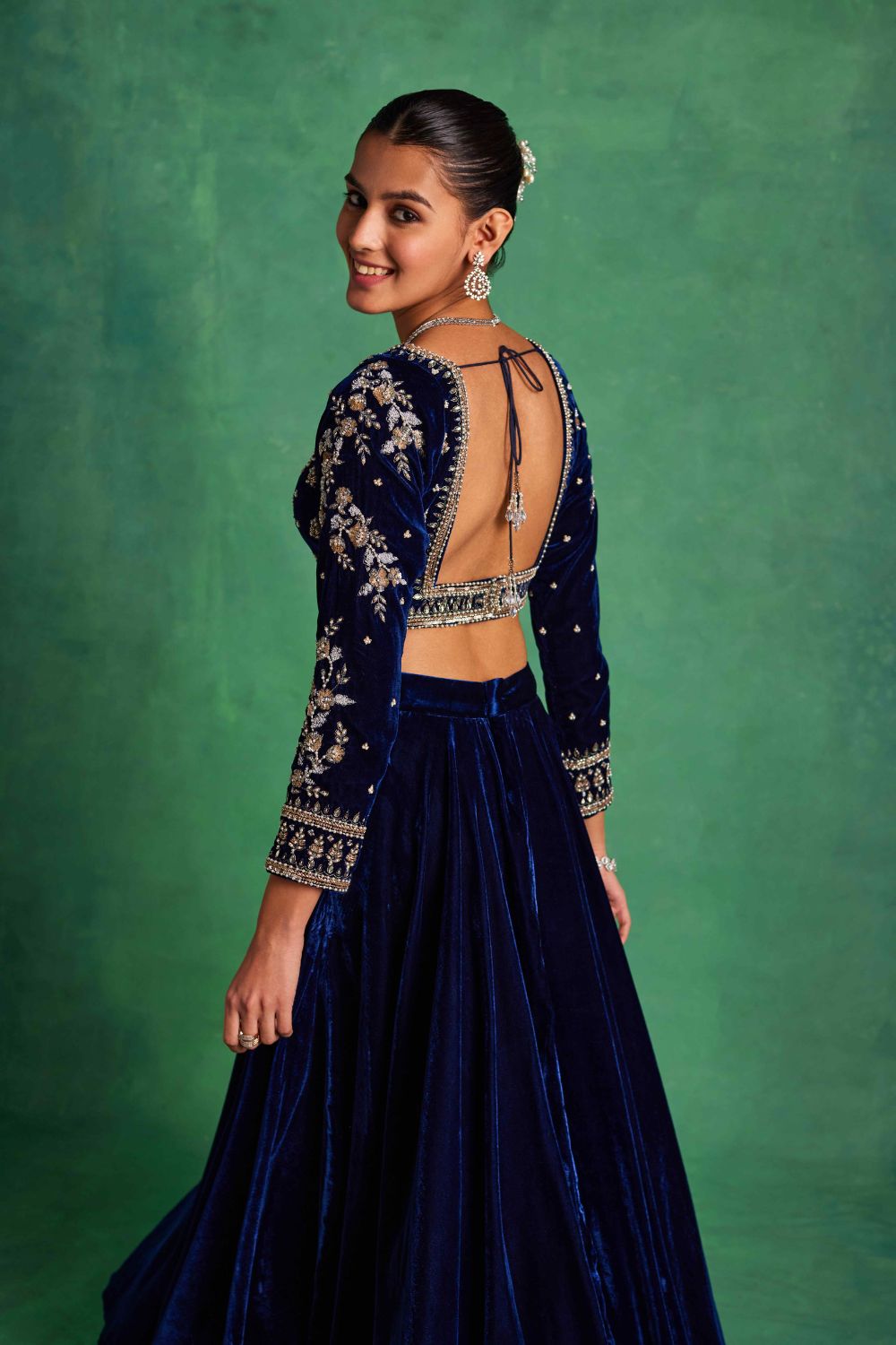 Blue Velvet Lehenga and Blouse Set - MARKET