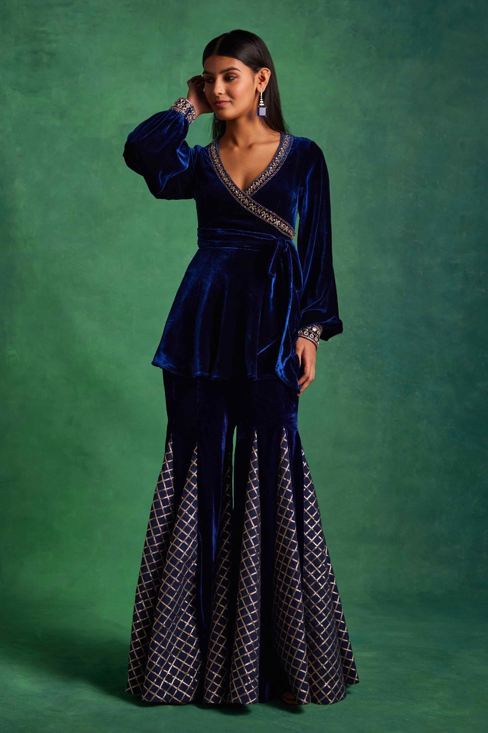 Blue Velvet Peplum and Godet Pants Set - MARKET