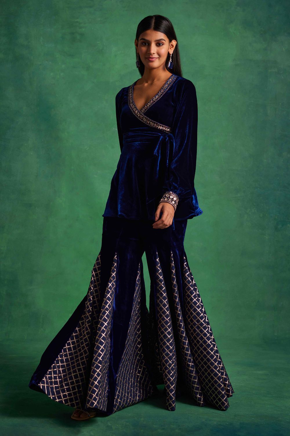 Blue Velvet Peplum and Godet Pants Set - MARKET