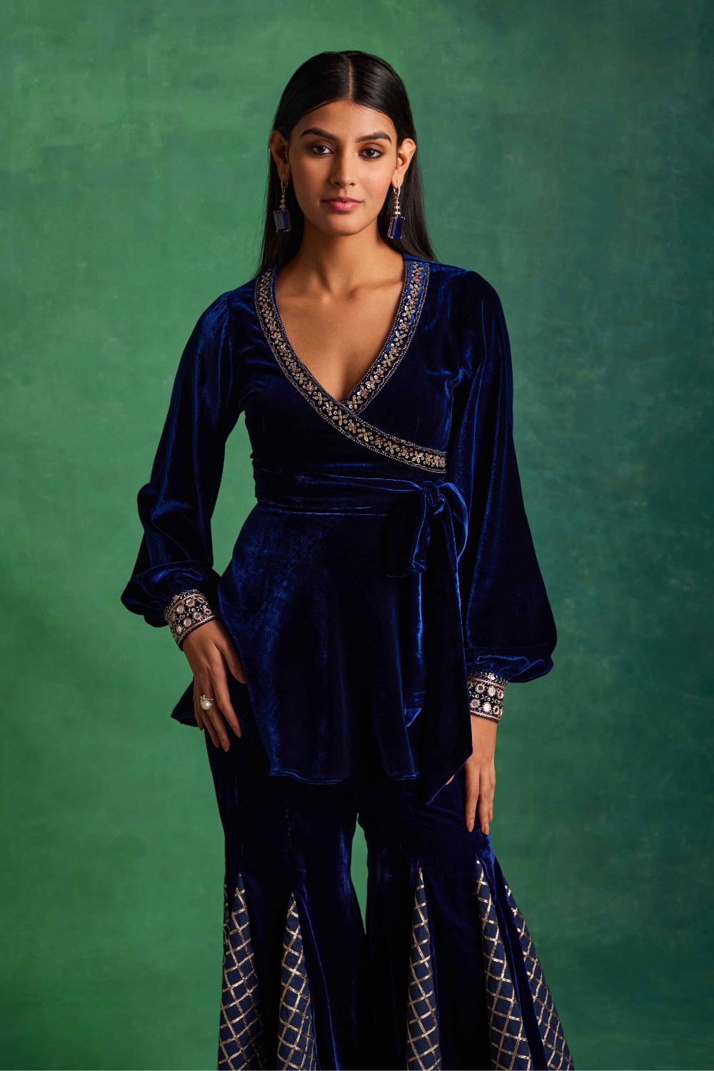 Blue Velvet Peplum and Godet Pants Set - MARKET