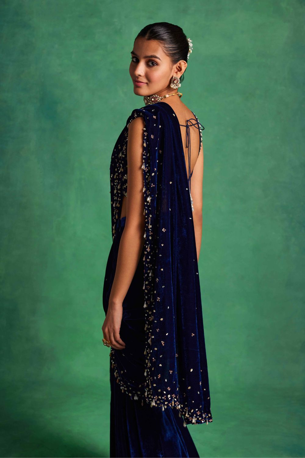 Blue Velvet Slit Saree - MARKET