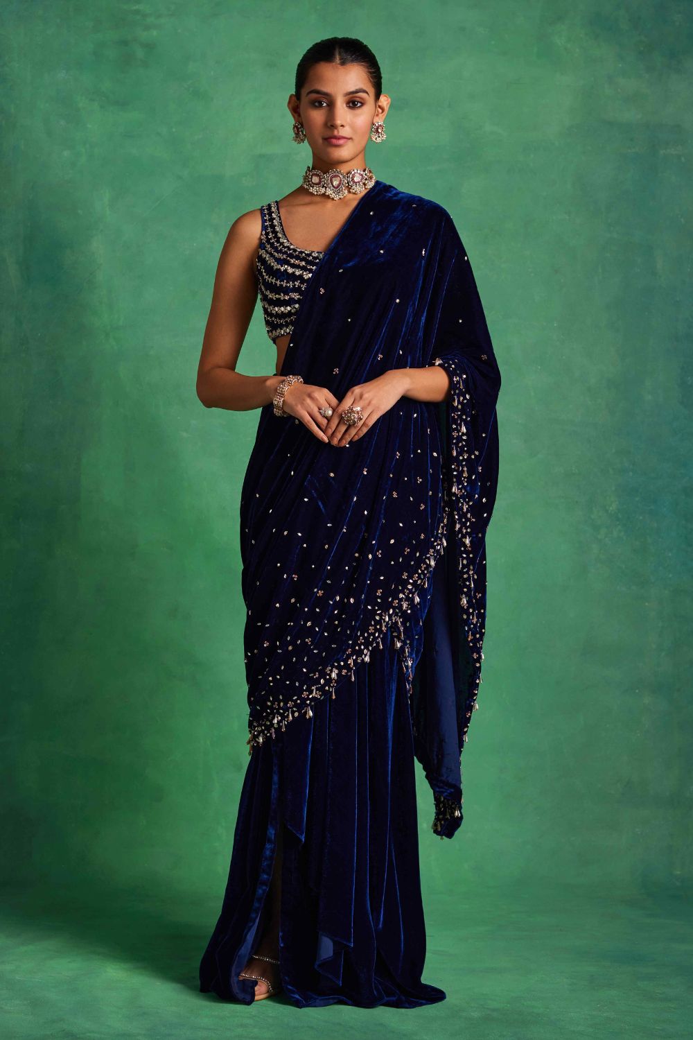 Blue Velvet Slit Saree - MARKET