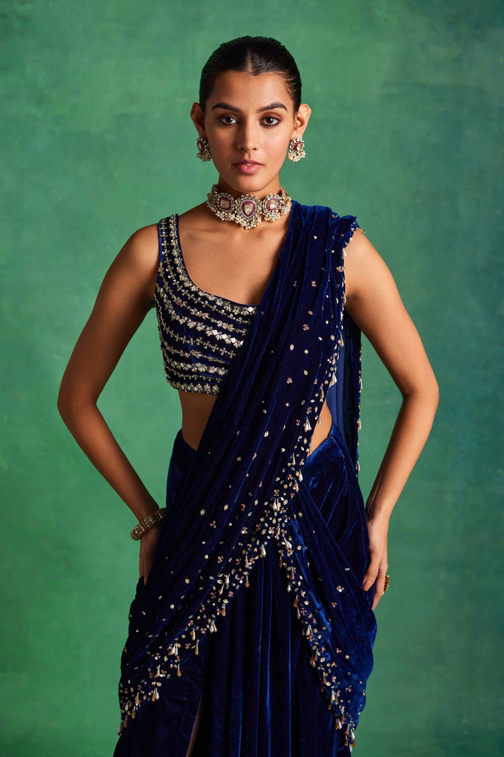 Blue Velvet Slit Saree - MARKET
