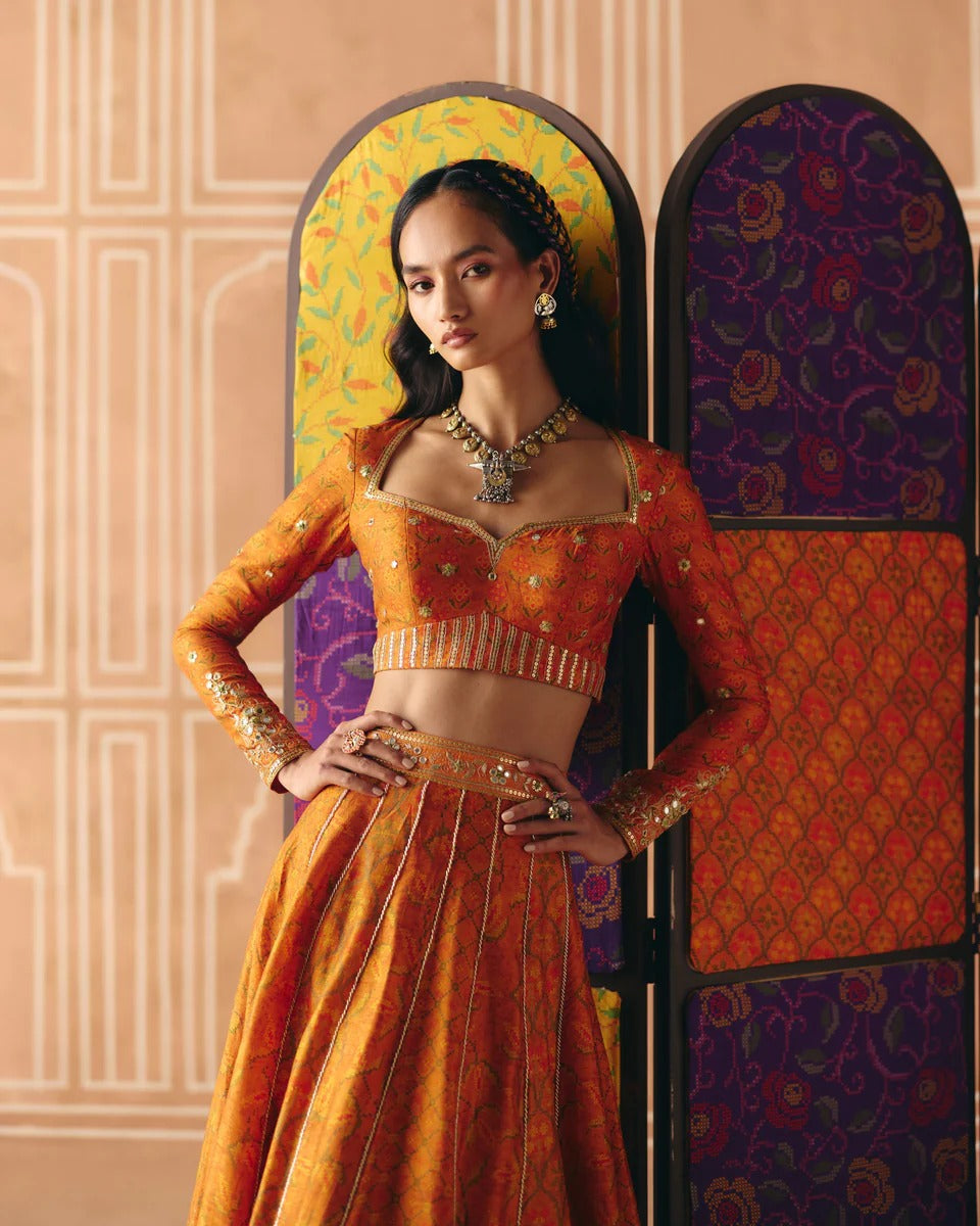 Burnt Orange Mix Print Panel Lehenga - MARKET