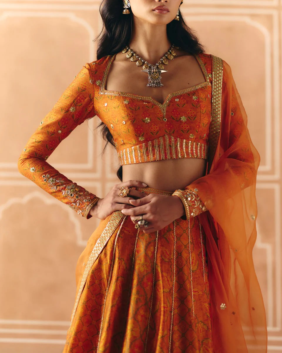 Burnt Orange Mix Print Panel Lehenga - MARKET