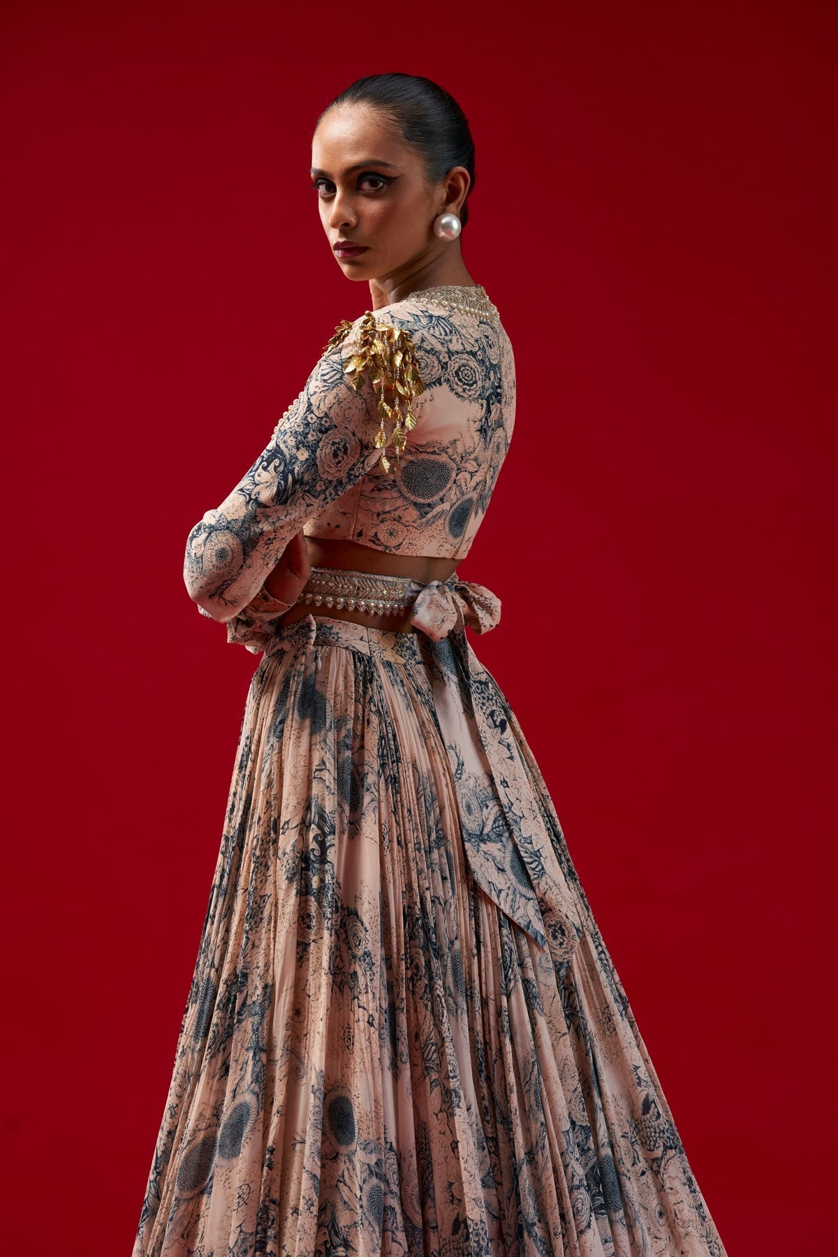 Champagne & Blue Blossom Lehenga Set - MARKET