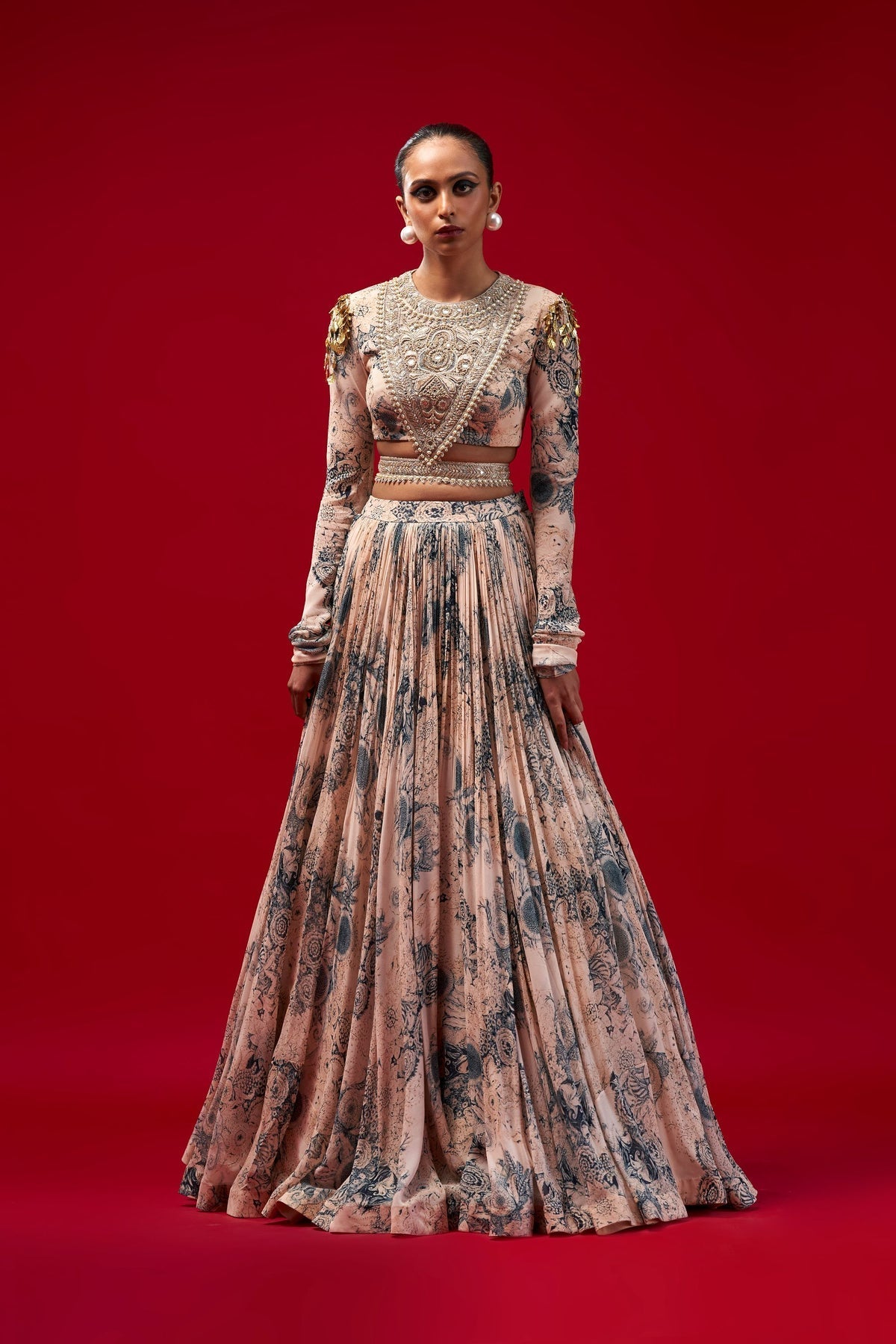 Champagne & Blue Blossom Lehenga Set - MARKET