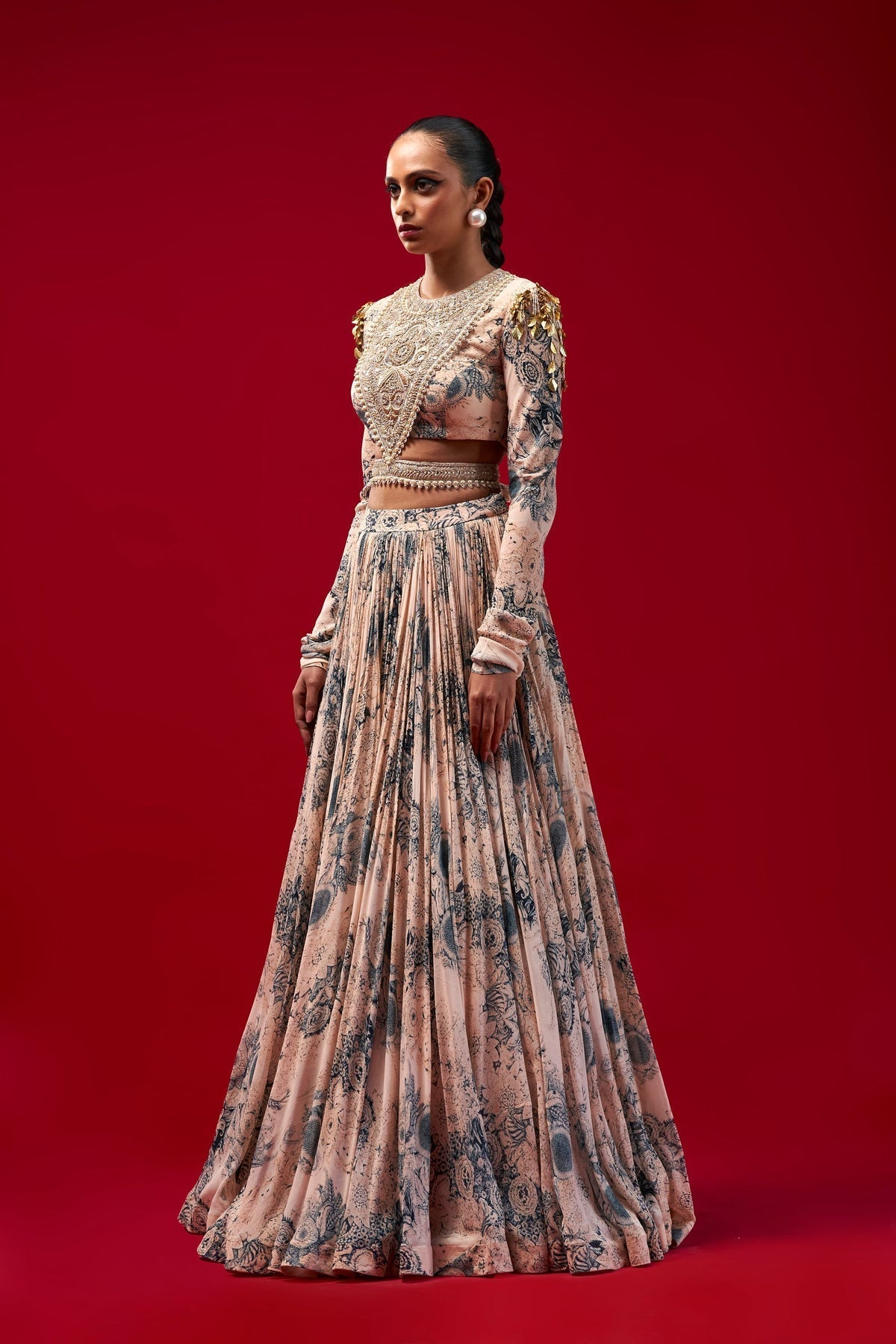 Champagne & Blue Blossom Lehenga Set - MARKET