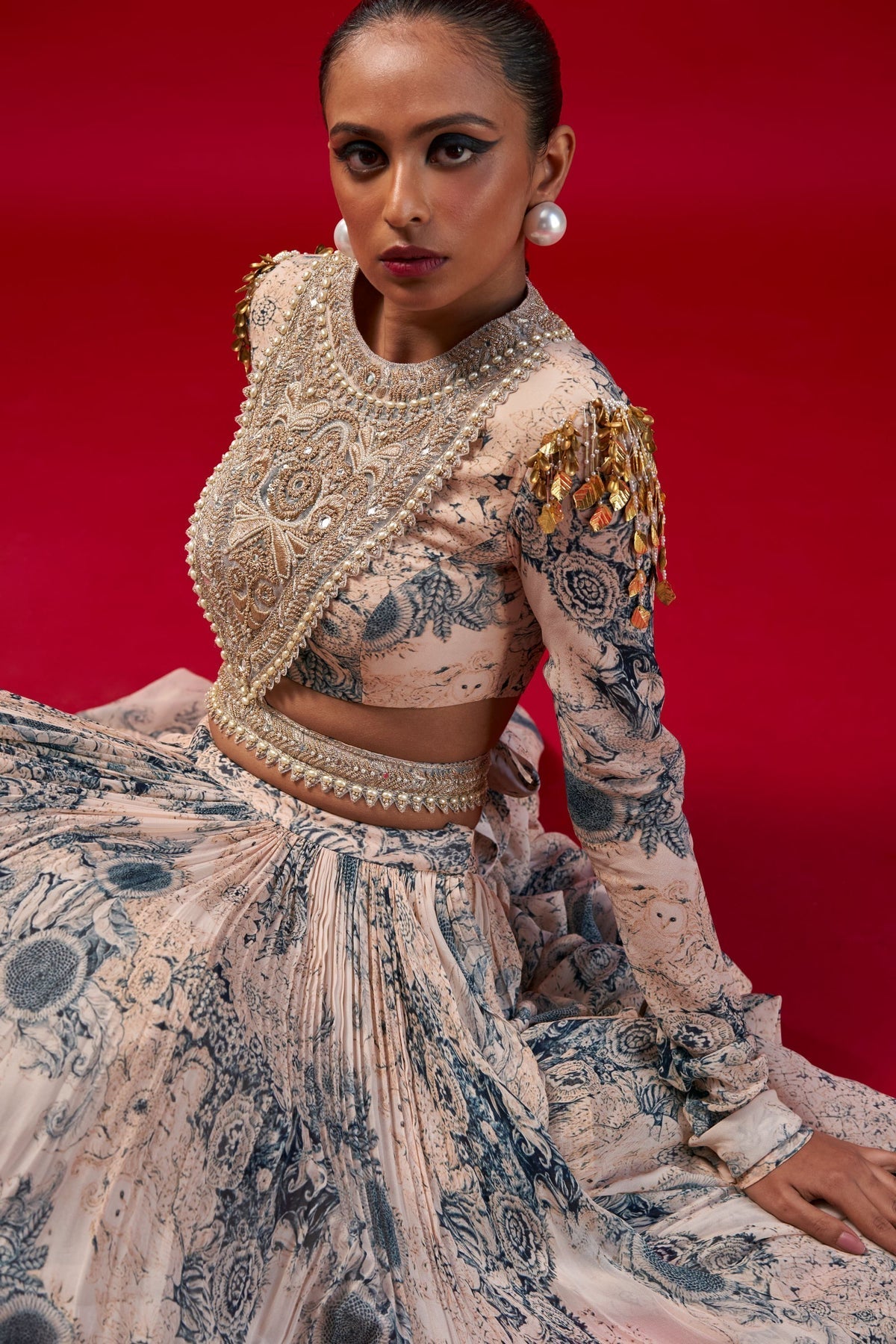 Champagne & Blue Blossom Lehenga Set - MARKET