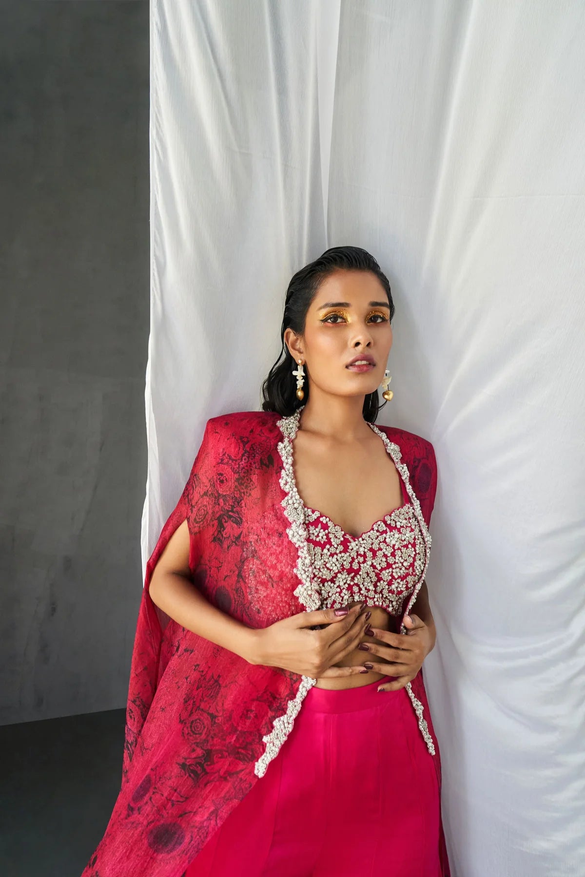 Fuchsia Blossom Cape and Sharara Set - MARKET