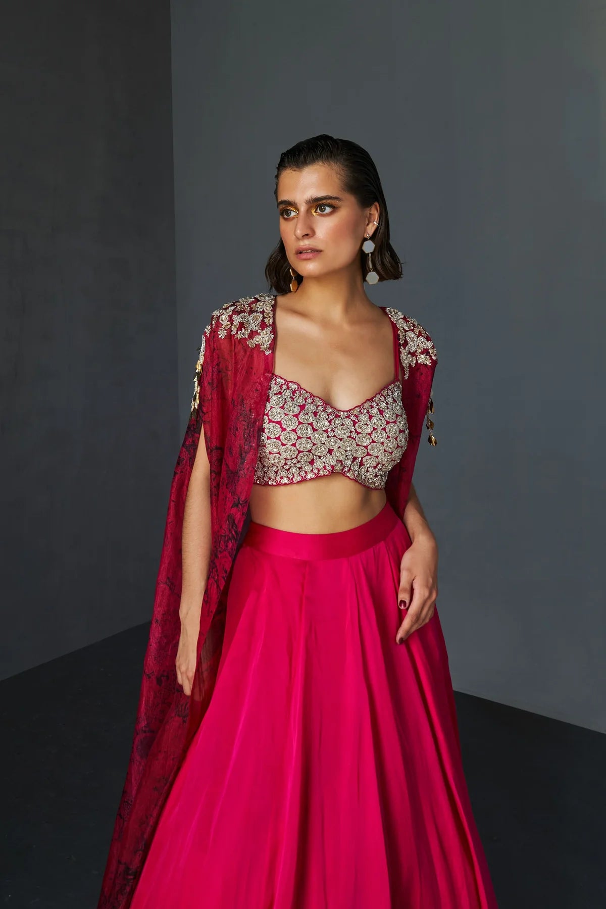 Fuchsia & Black Embroidered Blossom Cape Lehenga Set - MARKET
