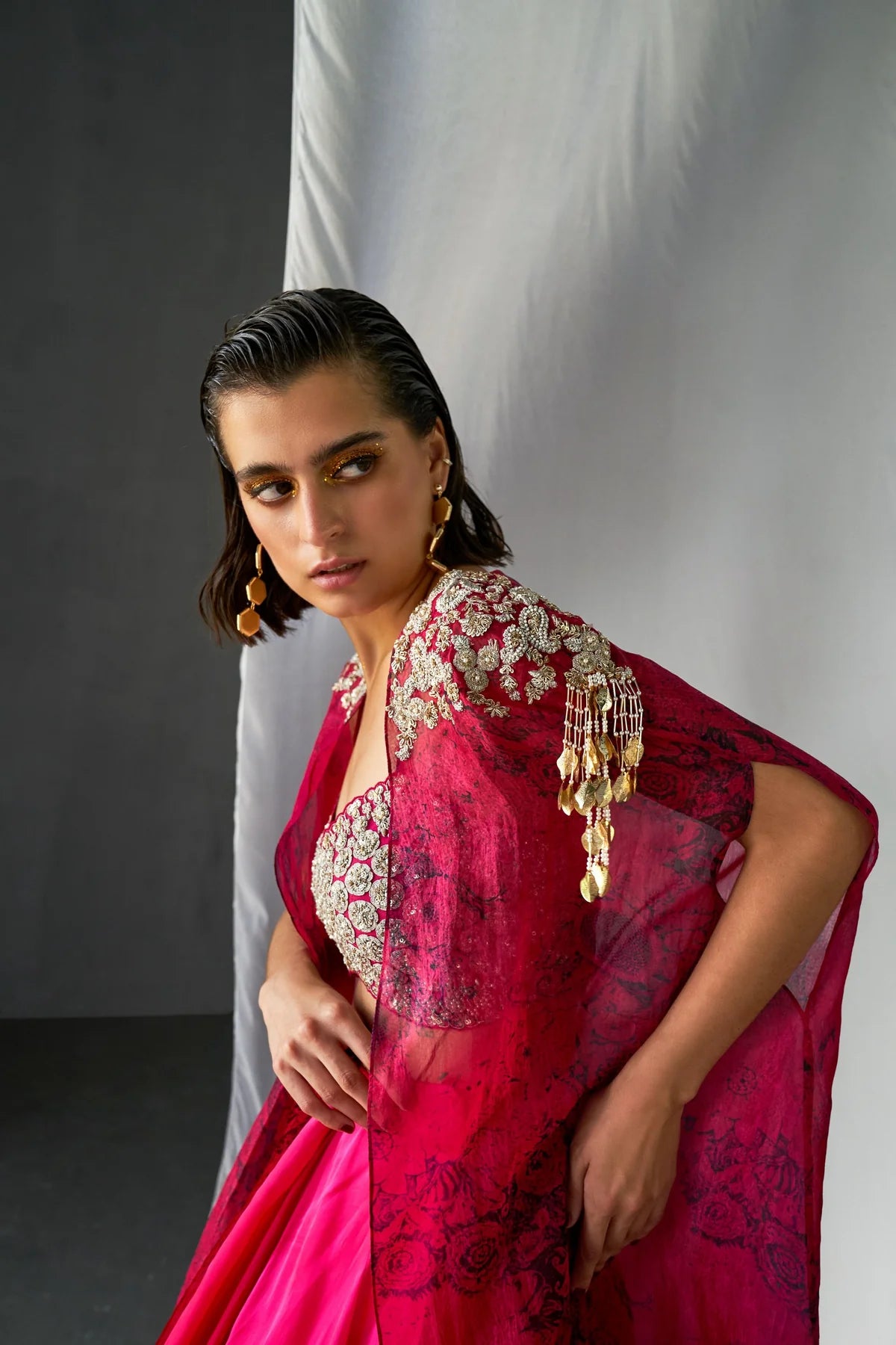 Fuchsia & Black Embroidered Blossom Cape Lehenga Set - MARKET