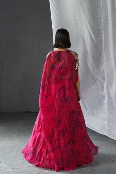 Fuchsia & Black Embroidered Blossom Cape Lehenga Set - MARKET