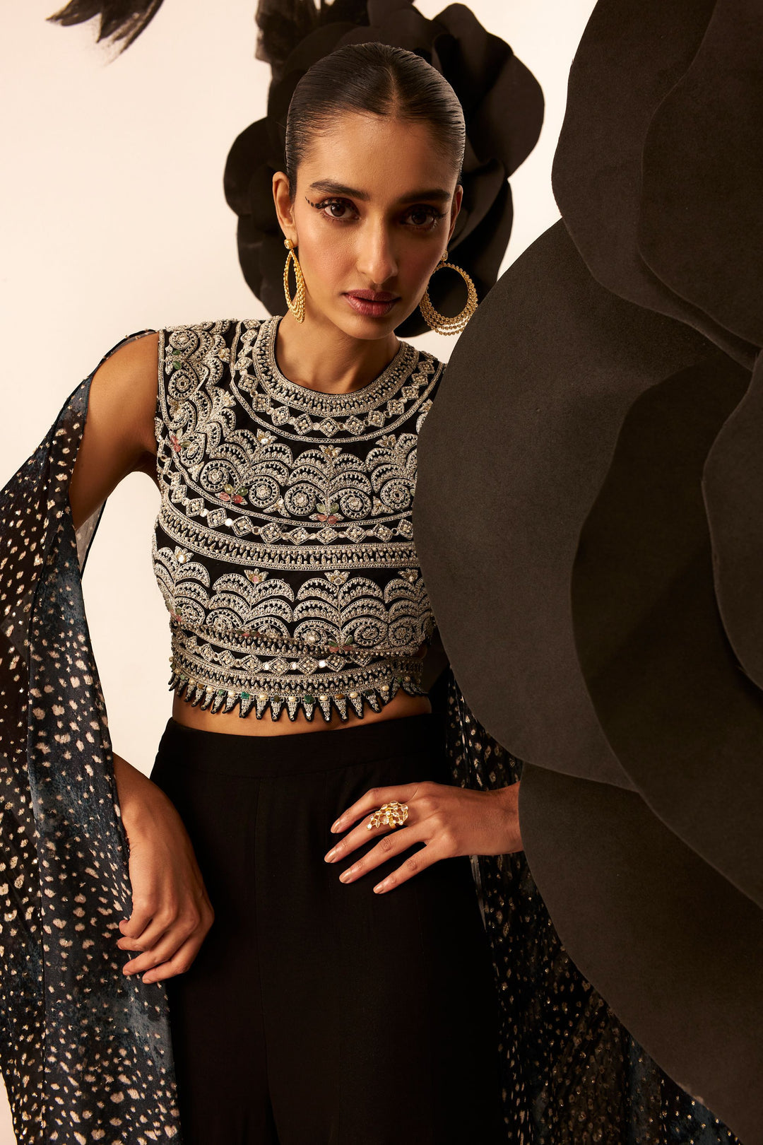 Geometric Blouse with Flared Pant & Rosette Drape - MARKET