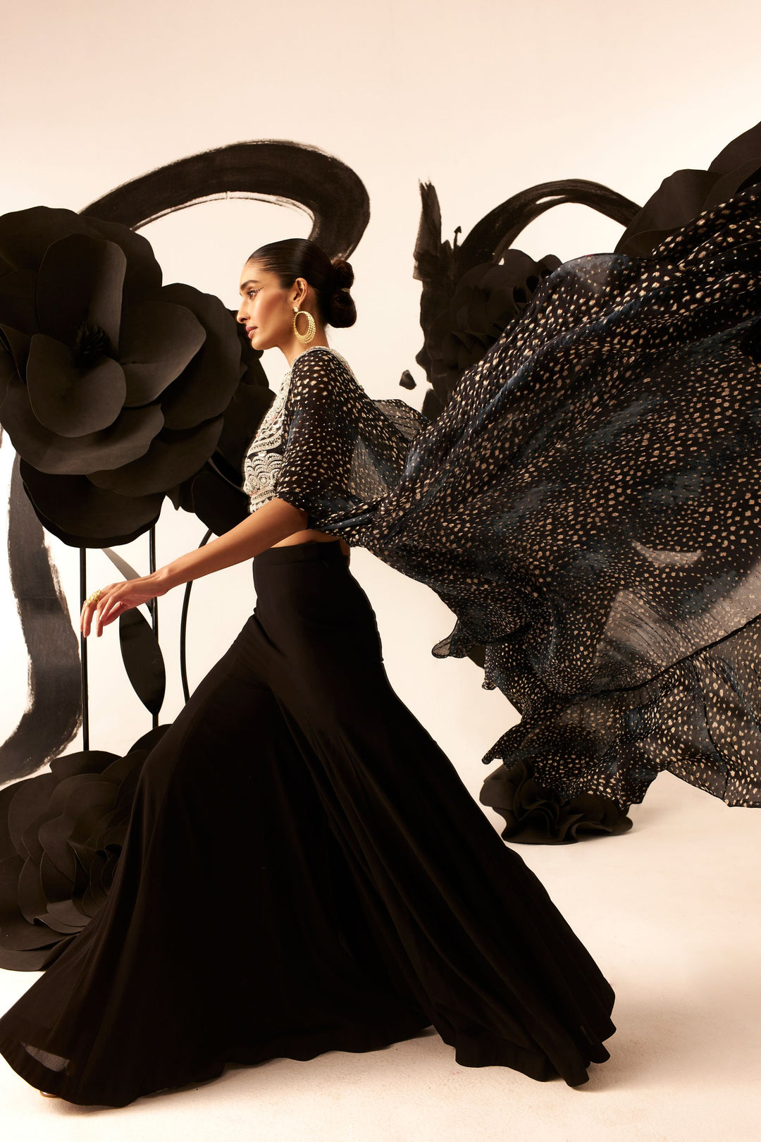 Geometric Blouse with Flared Pant & Rosette Drape - MARKET