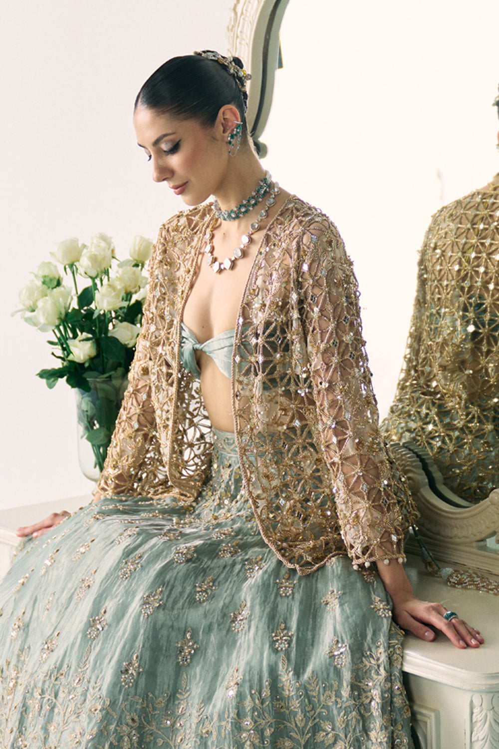 Aqua Tissue Lehenga With Jacket Set - MARKET
