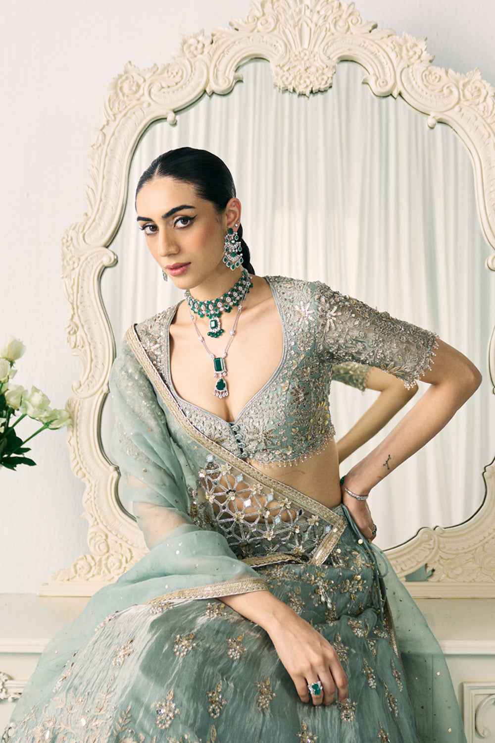 Aqua Tissue Lehenga Set - MARKET