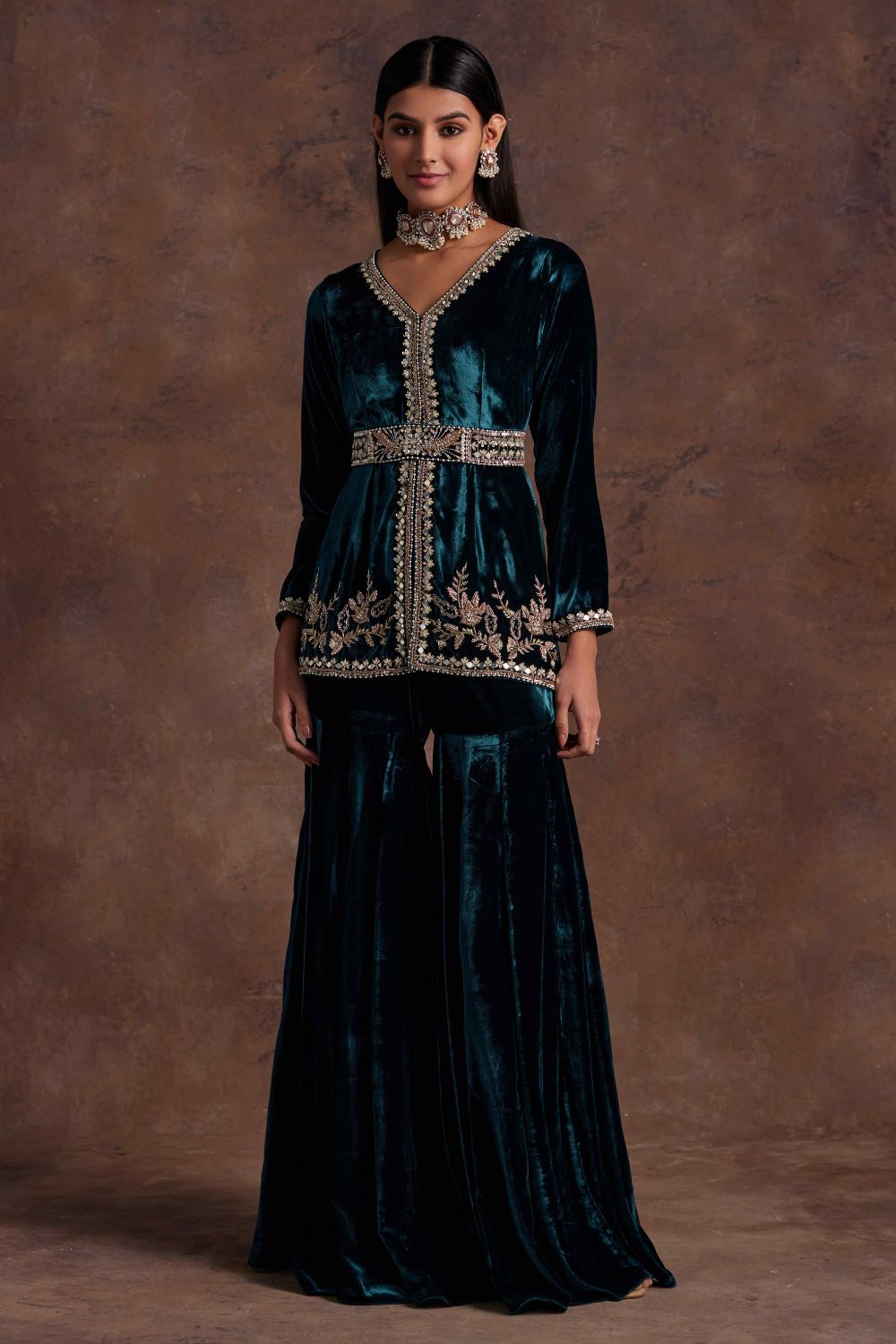 Green Velvet Peplum With Belt and Sharara Set - MARKET