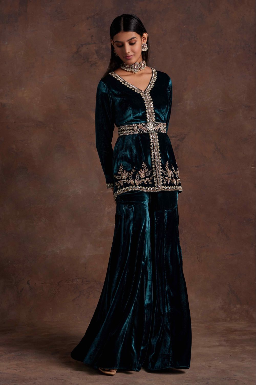 Green Velvet Peplum With Belt and Sharara Set - MARKET