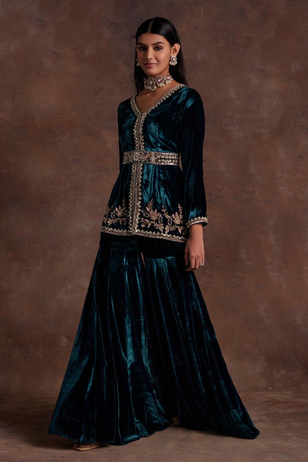 Green Velvet Peplum With Belt and Sharara Set - MARKET