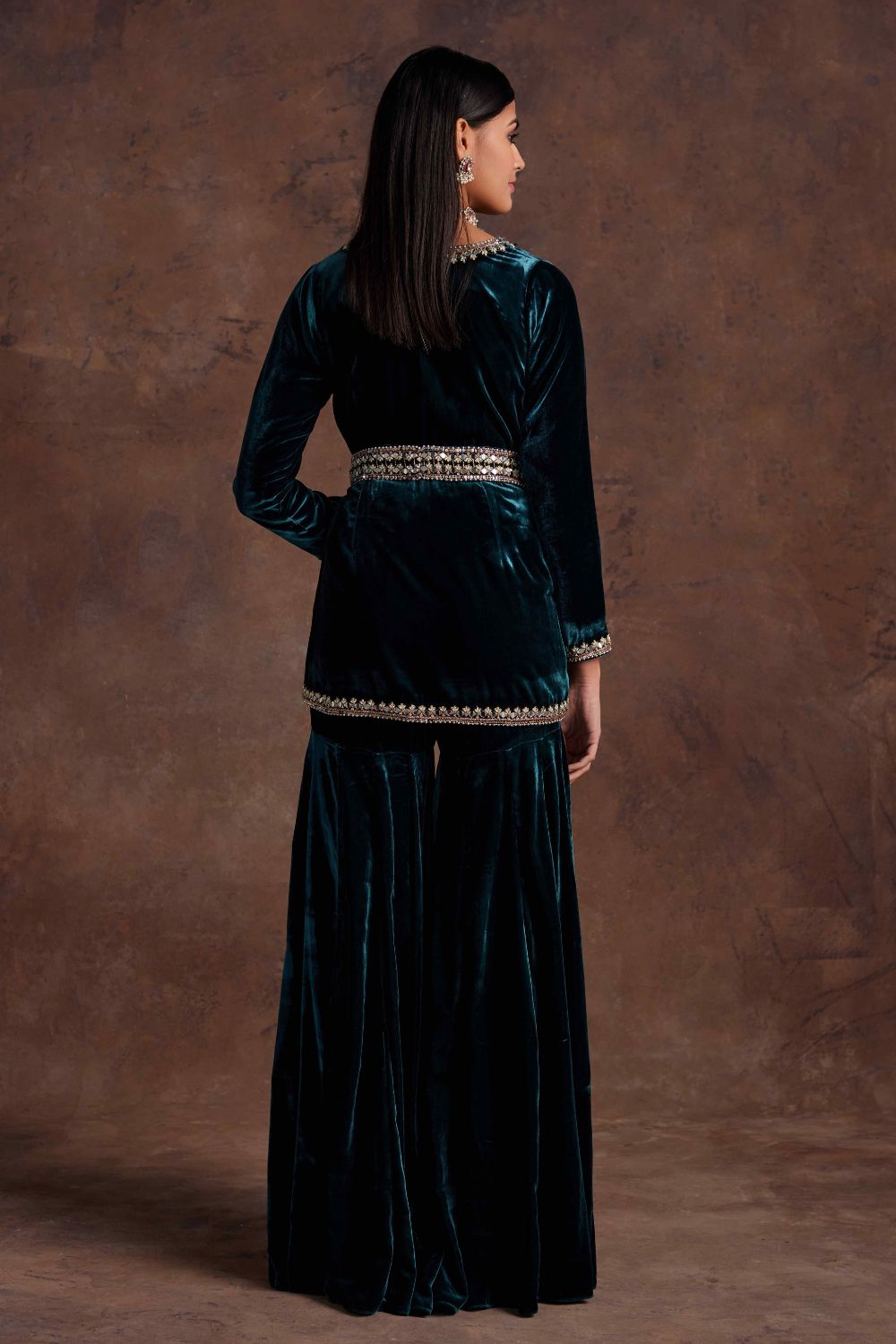 Green Velvet Peplum With Belt and Sharara Set - MARKET