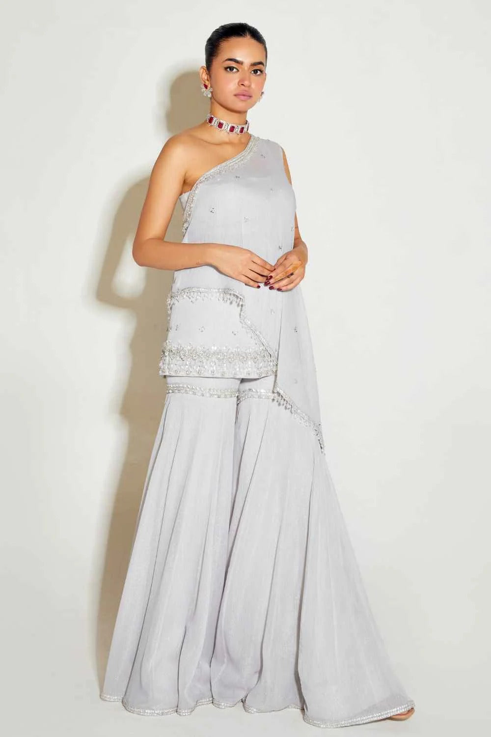 Grey One Shoulder Cape & Sharara Set - MARKET