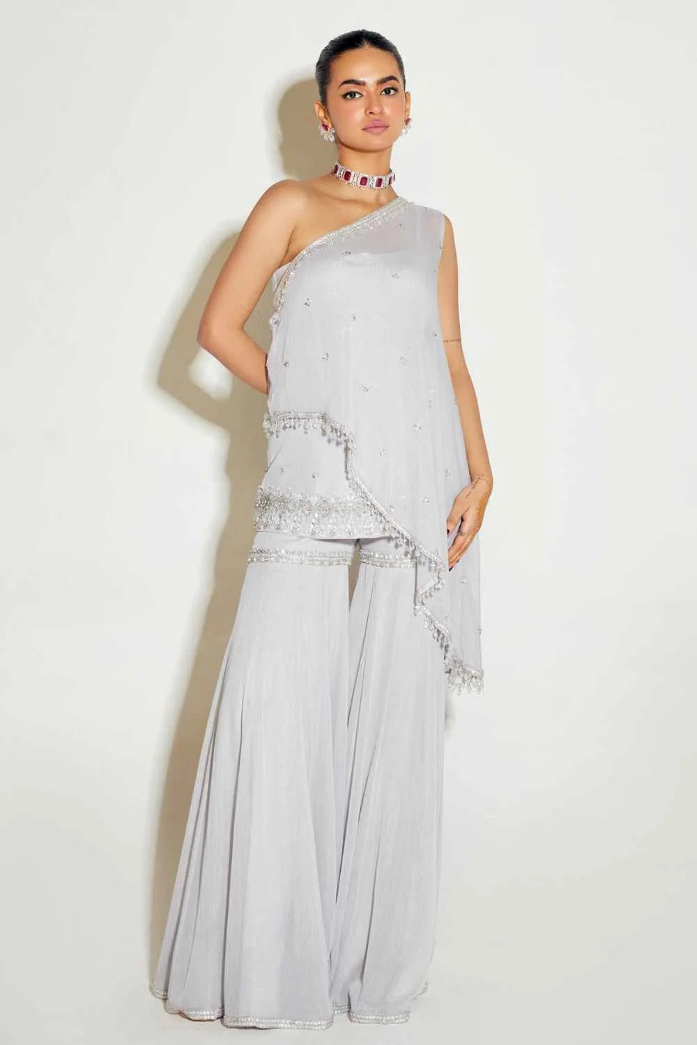 Grey One Shoulder Cape & Sharara Set - MARKET