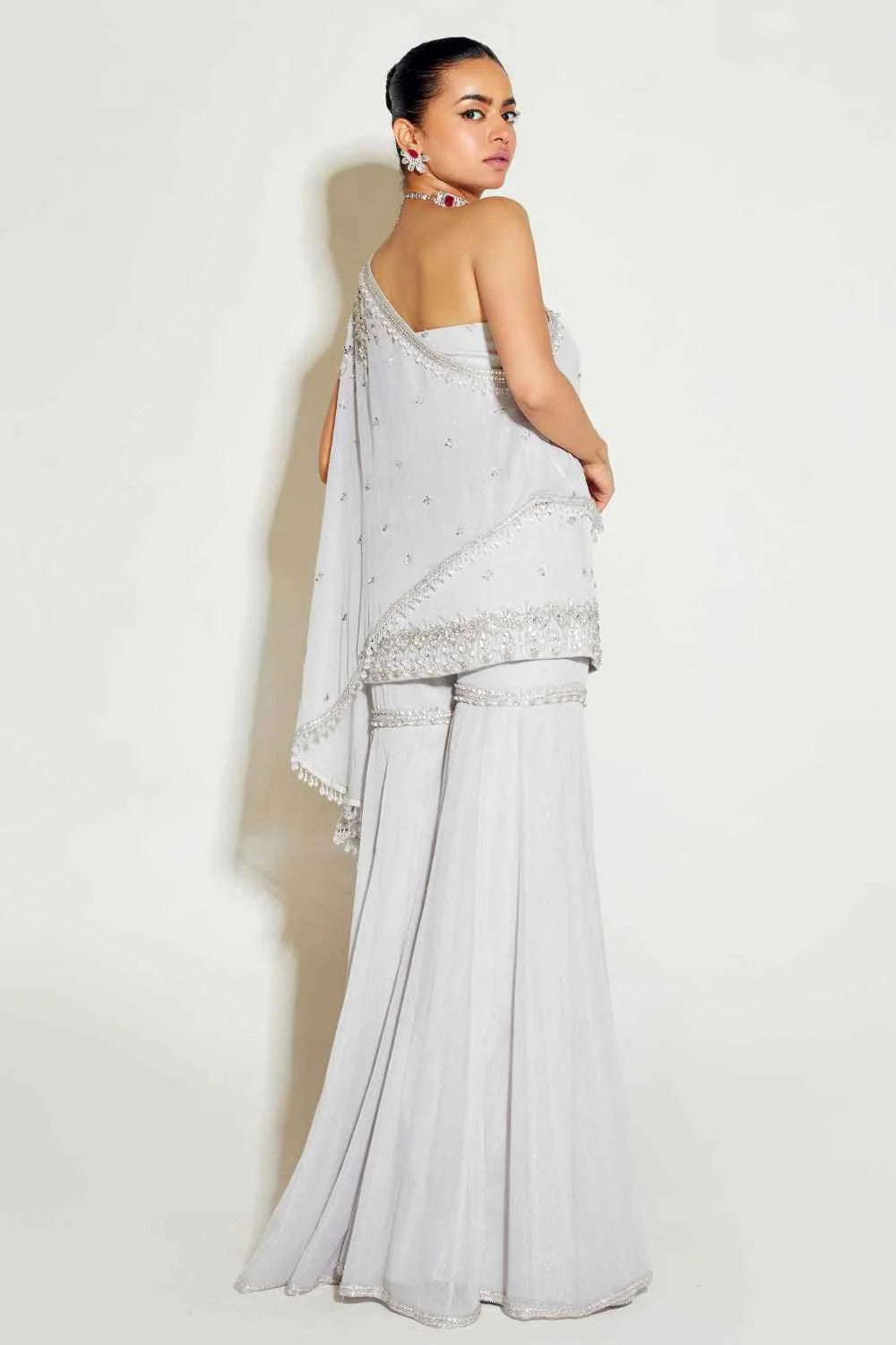 Grey One Shoulder Cape & Sharara Set - MARKET