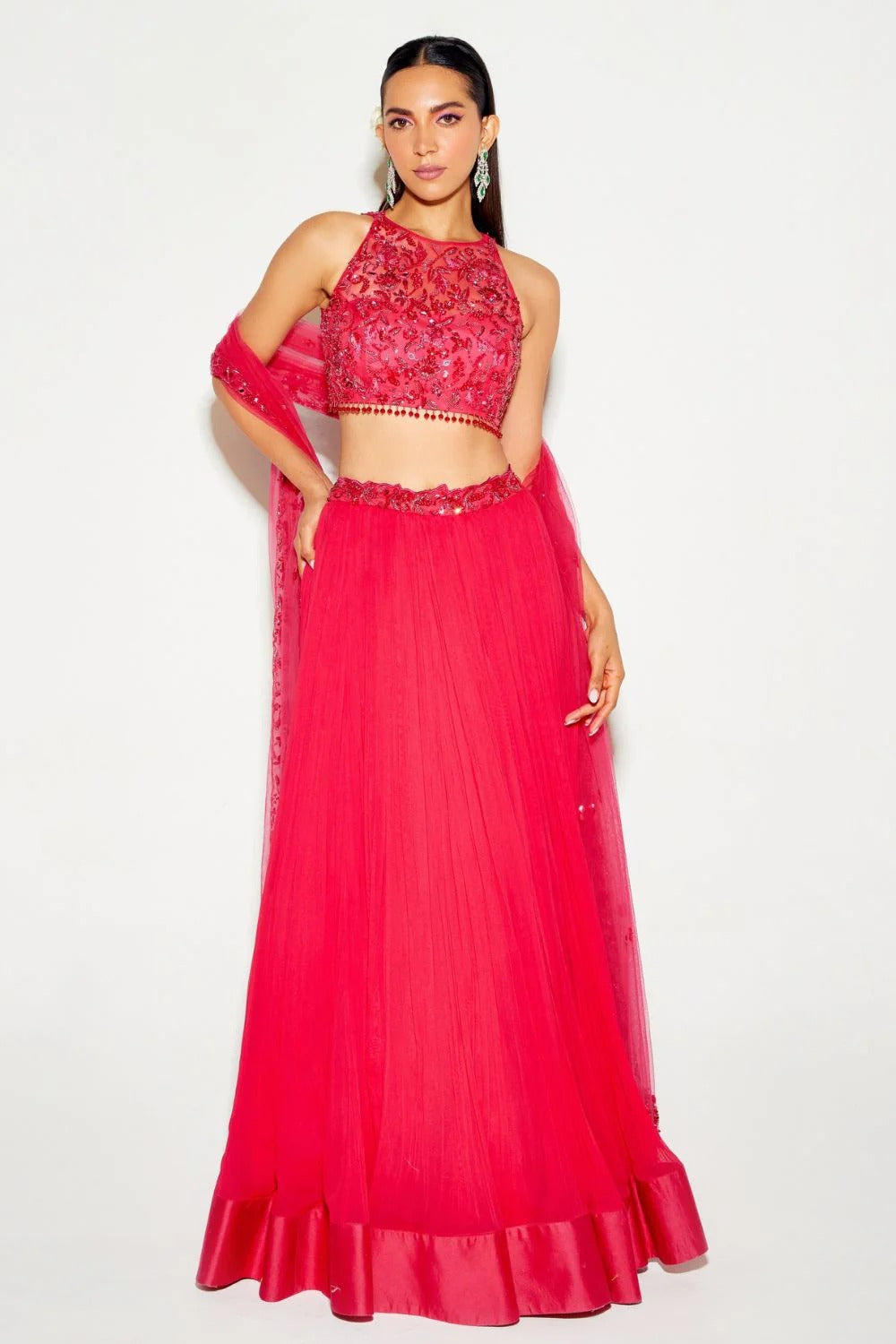 Hot Pink Tonal Blouse & Pleated Lehenga - MARKET