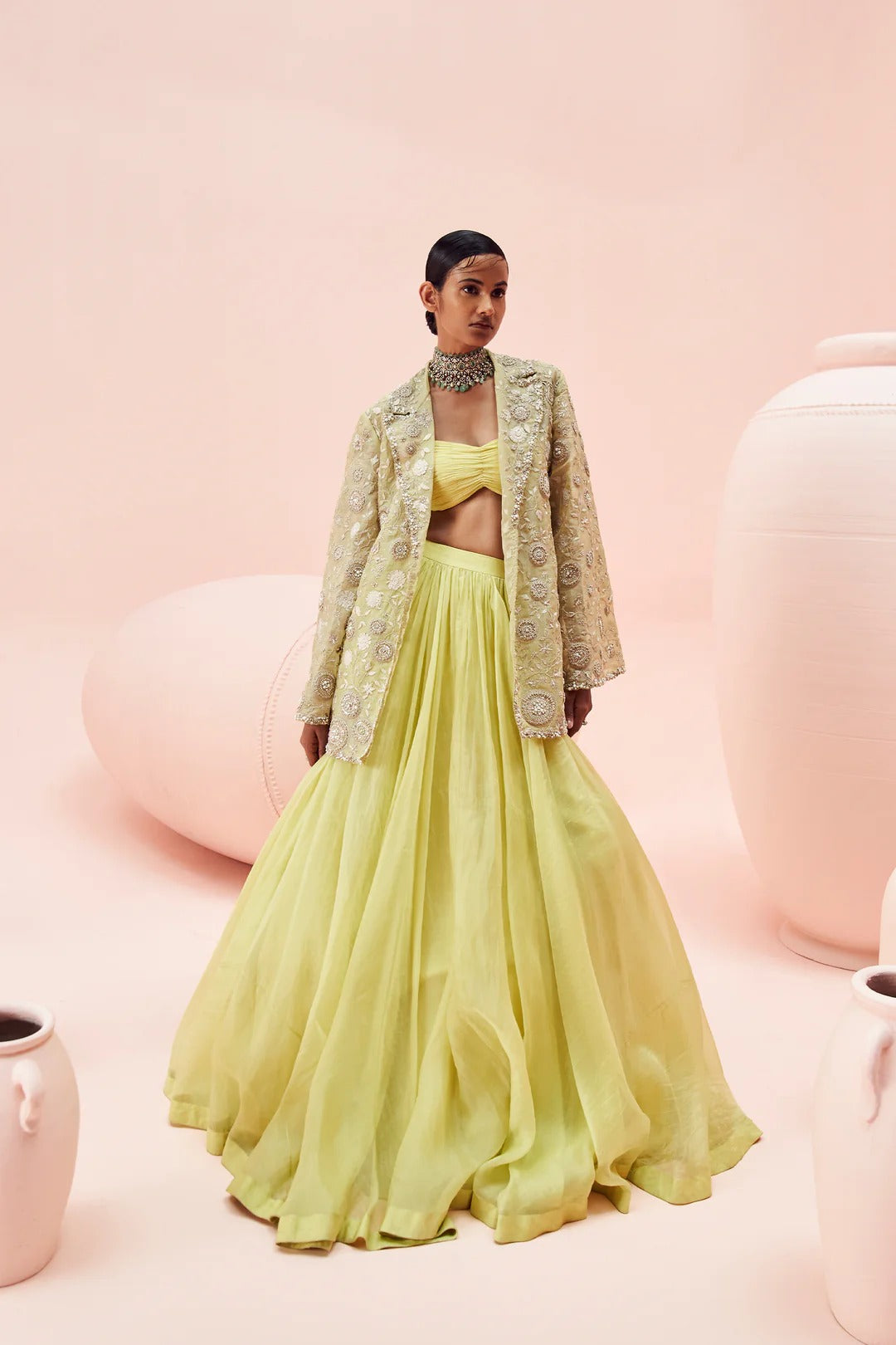 Lime Green Lehenga & Embroidered Jacket Set - MARKET