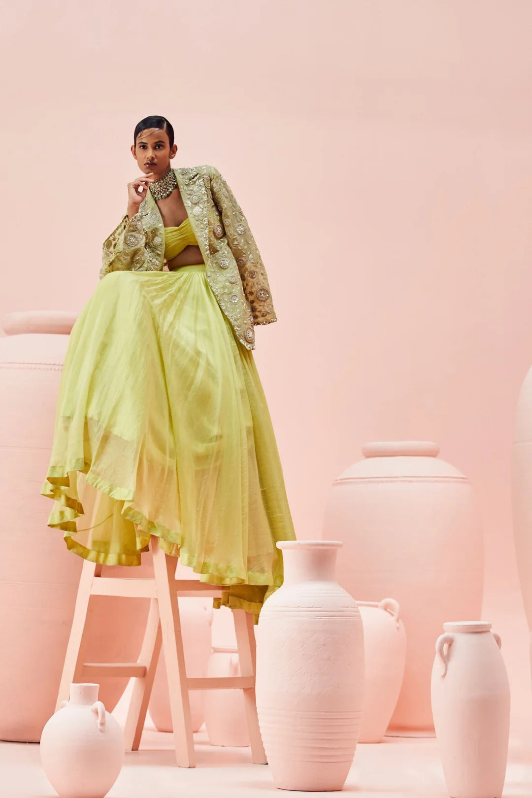 Lime Green Lehenga & Embroidered Jacket Set - MARKET