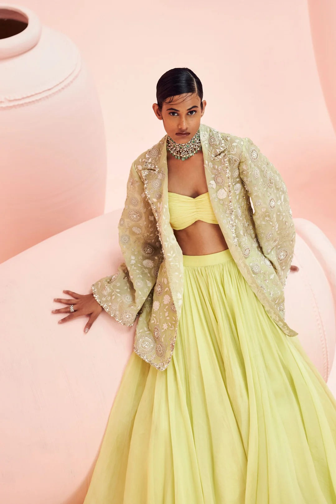 Lime Green Lehenga & Embroidered Jacket Set - MARKET