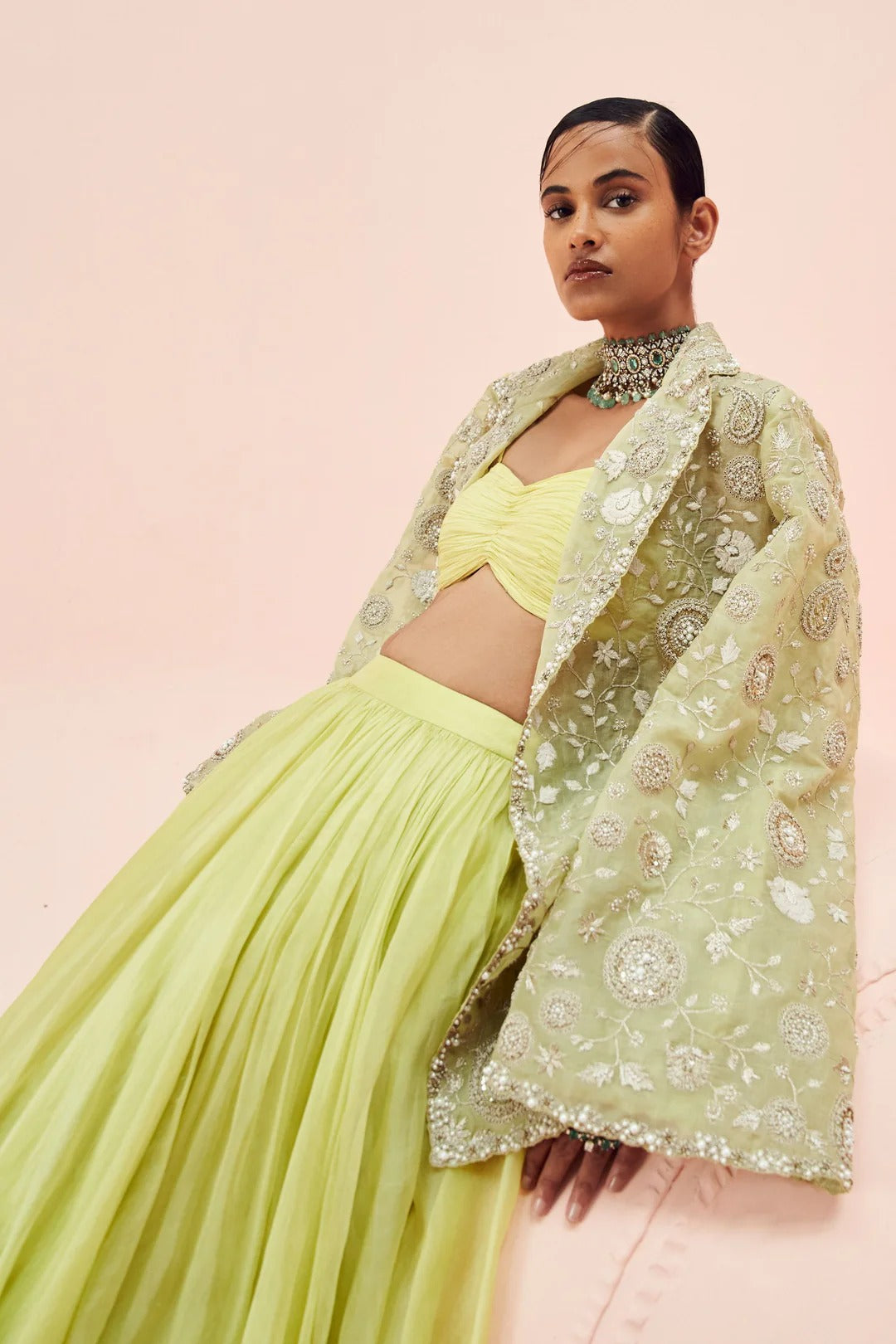 Lime Green Lehenga & Embroidered Jacket Set - MARKET
