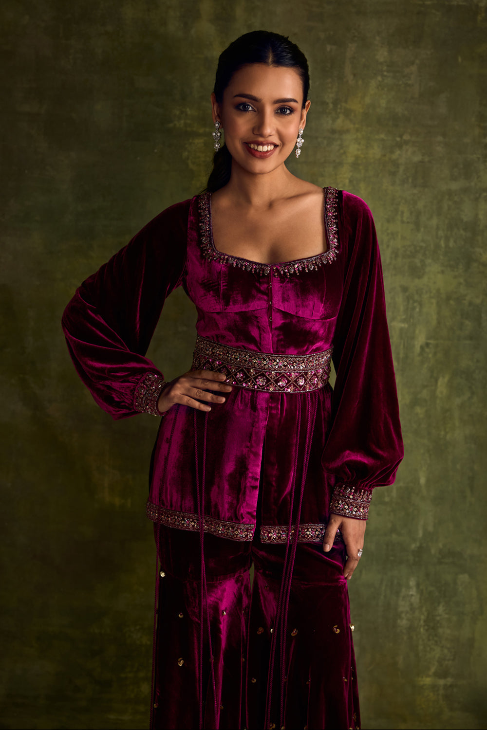 Mulberry Velvet Peplum & Sharara Set - MARKET