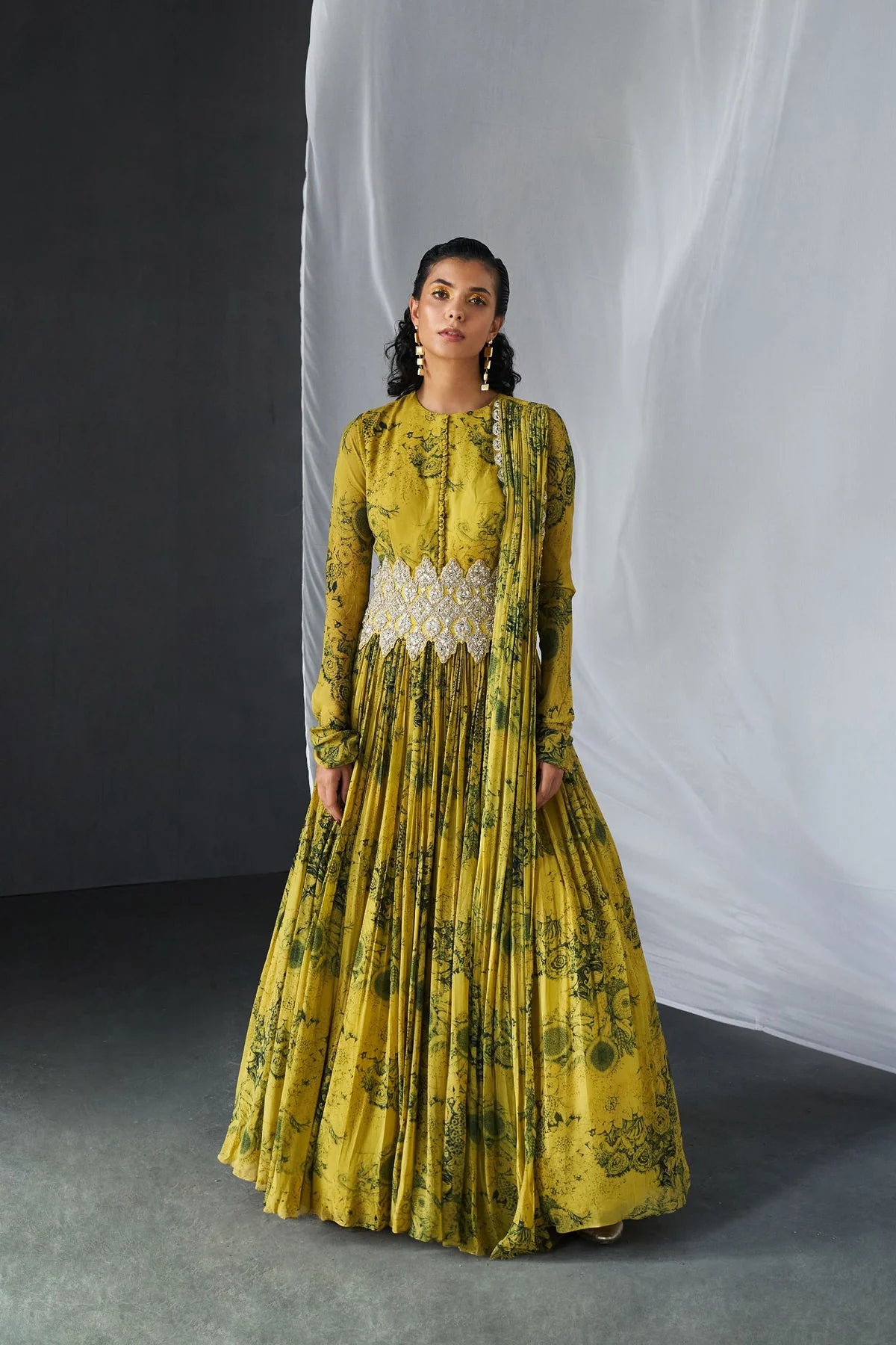 Mustard & Black Blossom Potli Button Anarkali - MARKET