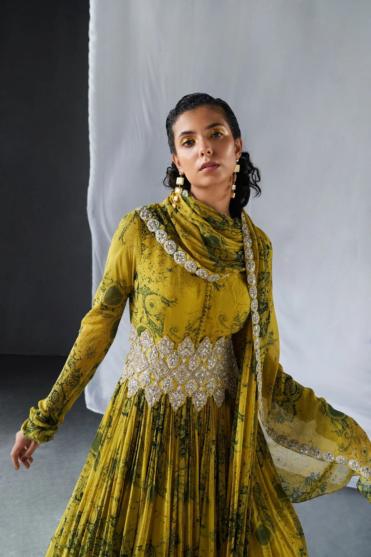 Mustard & Black Blossom Potli Button Anarkali - MARKET